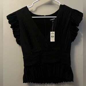 NWT Express Black Pleated V-Neck Ruffle Sleeve Blouse